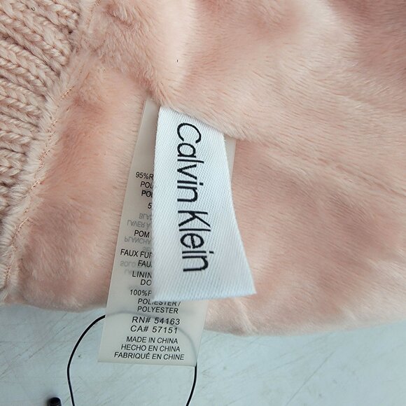 Calvin Klein Womens Pink Blush Pom Beanie Hat Faux Fur Winter Warm Outdoors
